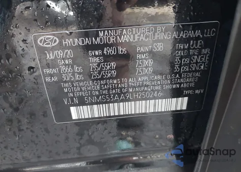 2020 Hyundai Santa Fe Limited 2.0T из США, поврежденный, VIN 5NMS53AA9LH250246